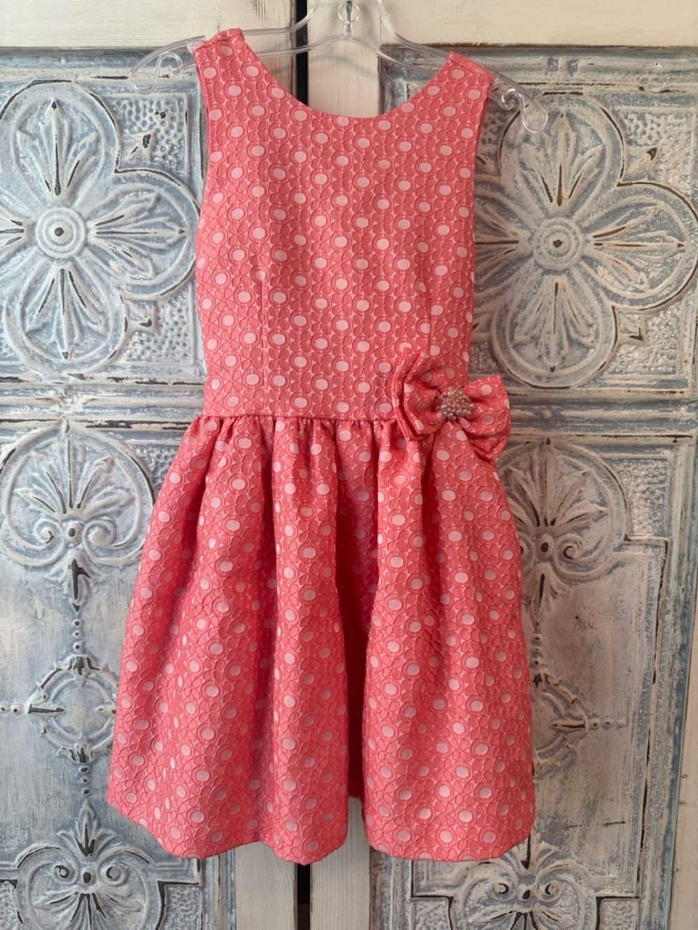 Girls' Coral Pink Sleeveless Party Dress with Side Bow